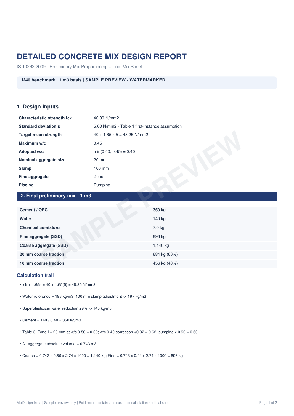 Watermarked preview of the M40 detailed calculation report